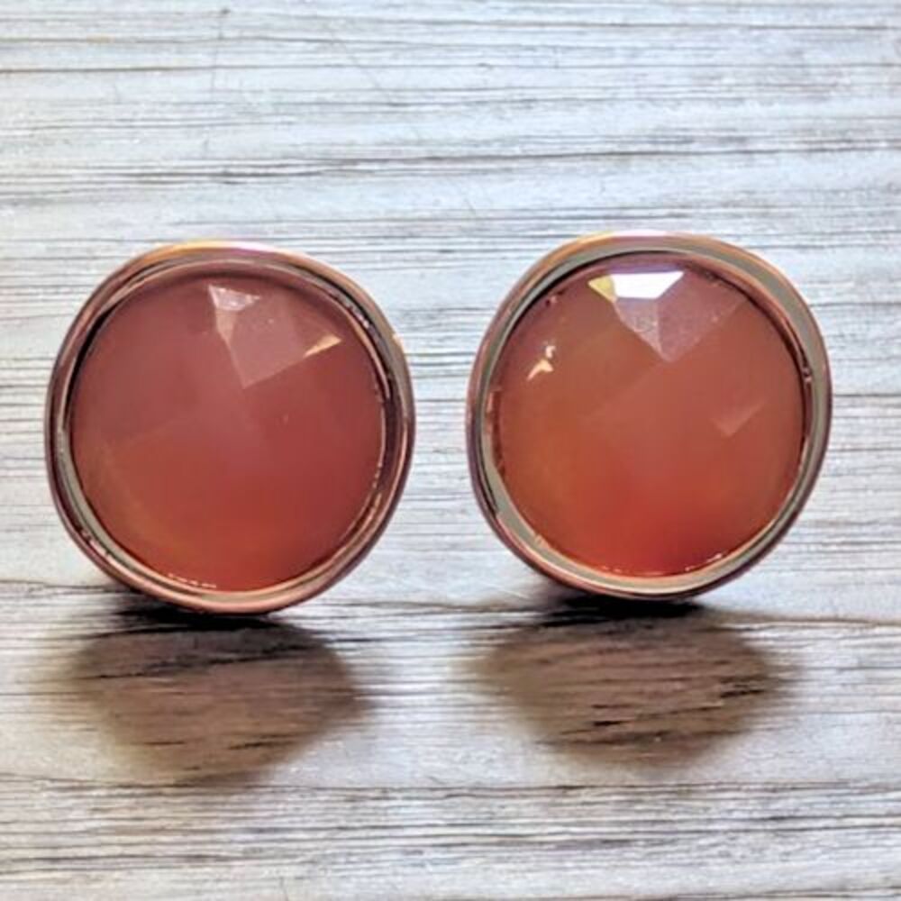 Vintage Gold Tone Circle Peach Glass Clip On Earrings Set Minimalist